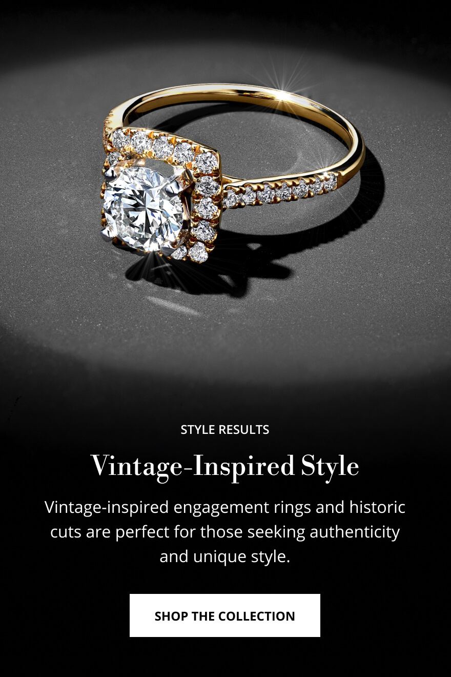 Mobile layout of the quiz results banner for Vintage styles focusing on the featured engagement ring with simplified text hierarchy.