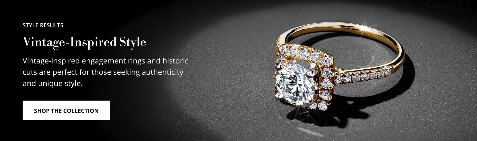 Engagement ring style quiz result page displaying vintage-inspired ring recommendations with a call-to-action to shop the collection.