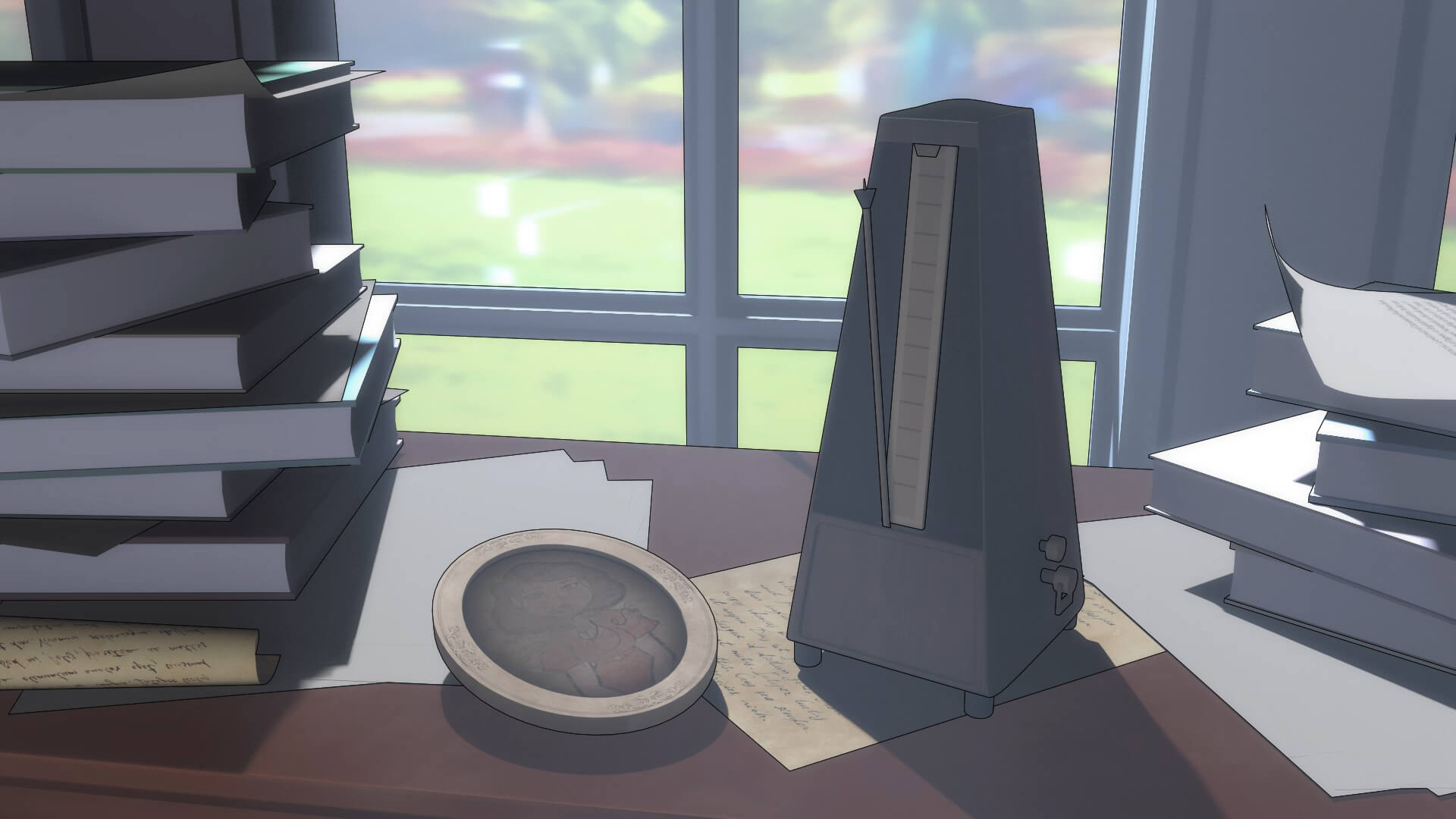 Final production still from Reflection showing a metronome and framed photograph on a desk